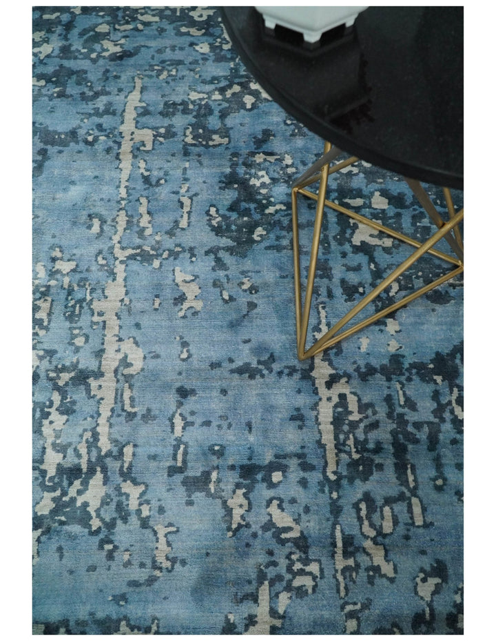 Handmade 8x10 Blue and Ivory Bamboo Silk Area Rug | QT19 - The Rug Decor