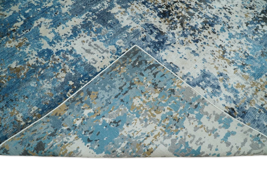 Handmade 8x10 Blue and Ivory Modern Abstract Bamboo Silk Area Rug I TRDS1810 - The Rug Decor