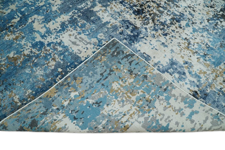 Handmade 8x10 Blue and Ivory Modern Abstract Bamboo Silk Area Rug I TRDS1810 - The Rug Decor