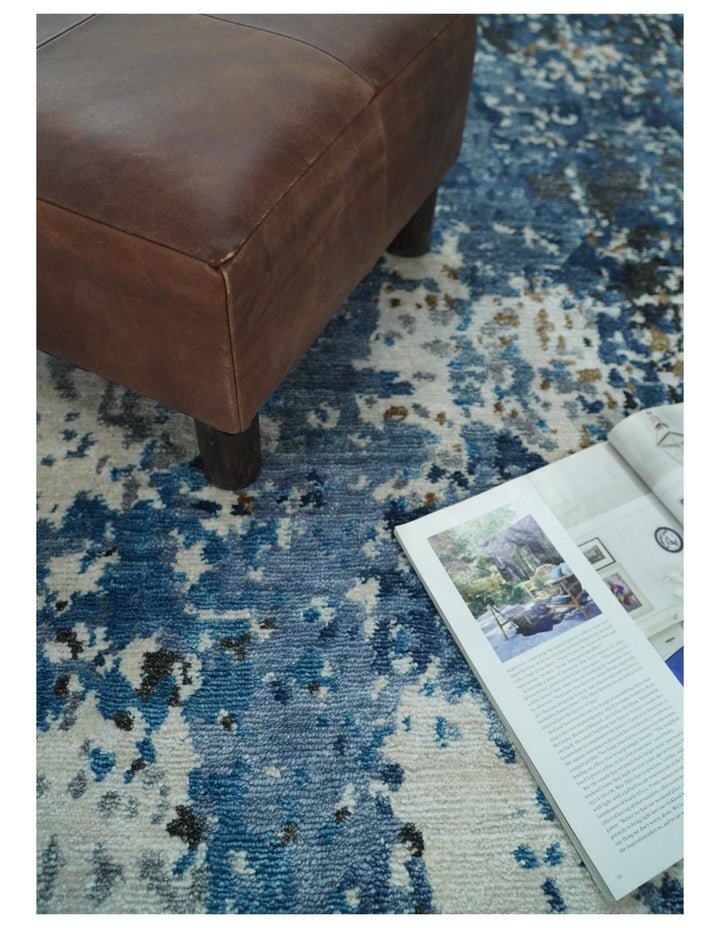 Handmade 8x10 Blue and Ivory Modern Abstract Bamboo Silk Area Rug I TRDS1810 - The Rug Decor