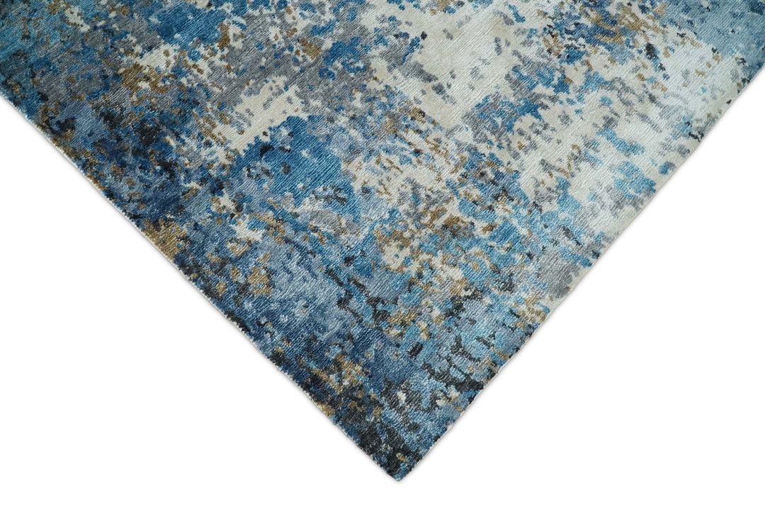 Handmade 8x10 Blue and Ivory Modern Abstract Bamboo Silk Area Rug I TRDS1810 - The Rug Decor
