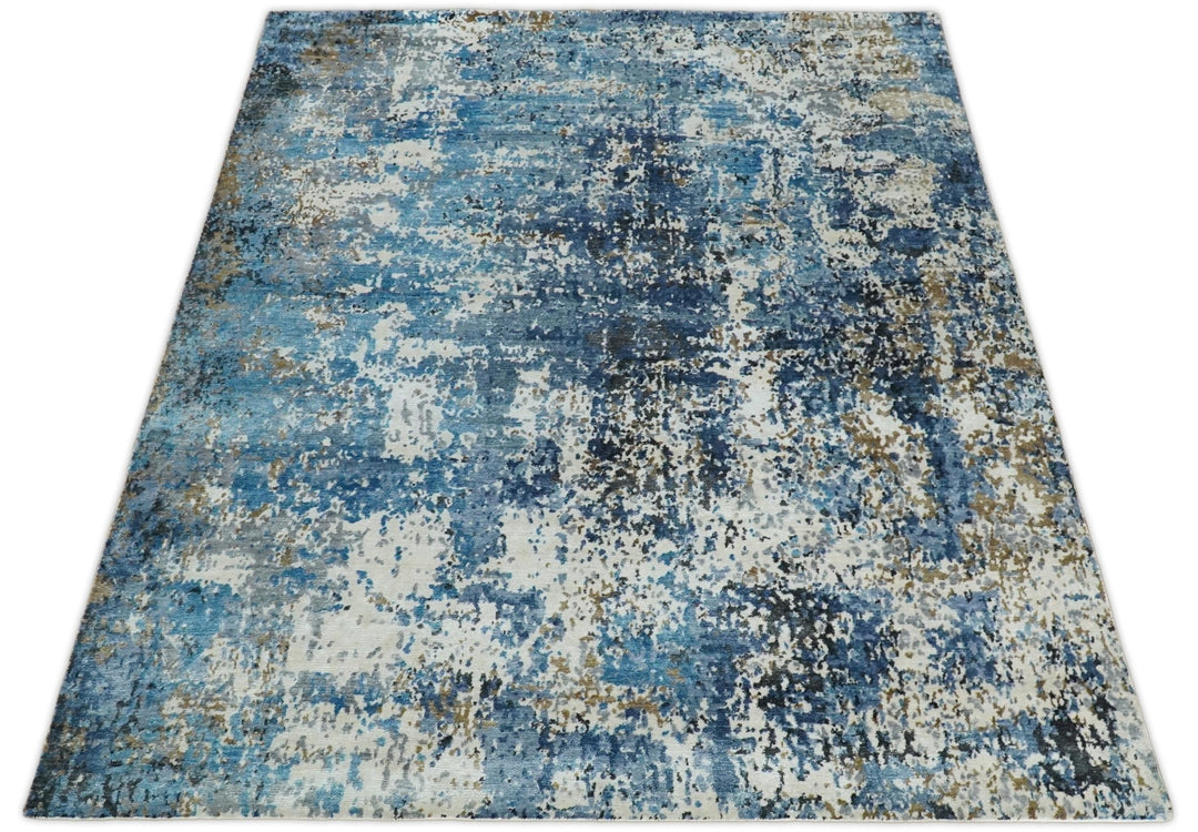 Handmade 8x10 Blue and Ivory Modern Abstract Bamboo Silk Area Rug I TRDS1810 - The Rug Decor