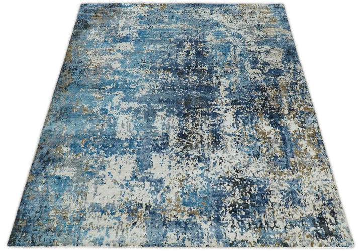 Handmade 8x10 Blue and Ivory Modern Abstract Bamboo Silk Area Rug I TRDS1810 - The Rug Decor