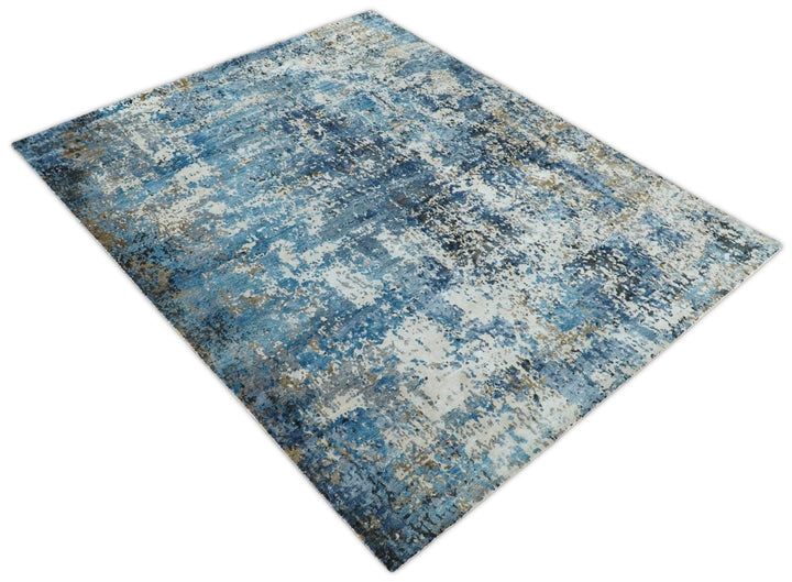 Handmade 8x10 Blue and Ivory Modern Abstract Bamboo Silk Area Rug I TRDS1810 - The Rug Decor