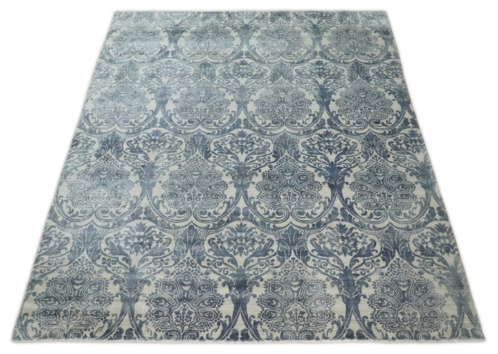 Handmade 8x10 Damask Ivory and Blue Blended Wool and Bamboo Silk Area Rug | QT13 - The Rug Decor