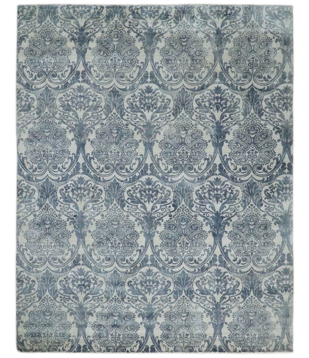 Handmade 8x10 Damask Ivory and Blue Blended Wool and Bamboo Silk Area Rug | QT13 - The Rug Decor