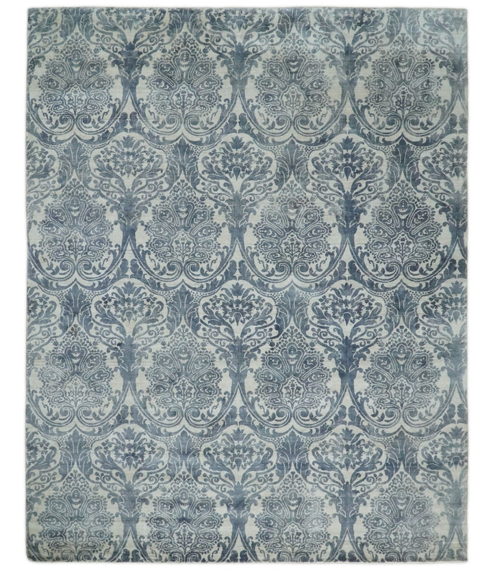 Handmade 8x10 Damask Ivory and Blue Blended Wool and Bamboo Silk Area Rug | QT13 - The Rug Decor