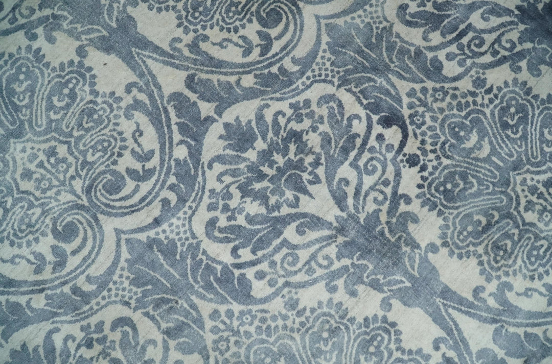 Handmade 8x10 Damask Ivory and Blue Blended Wool and Bamboo Silk Area Rug | QT13 - The Rug Decor