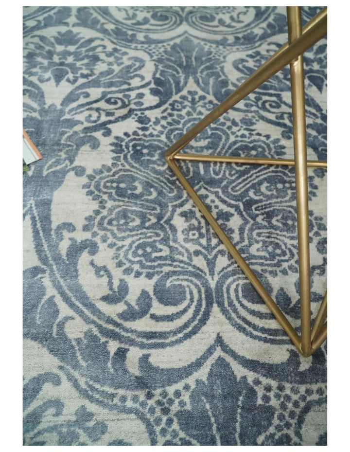 Handmade 8x10 Damask Ivory and Blue Blended Wool and Bamboo Silk Area Rug | QT13 - The Rug Decor