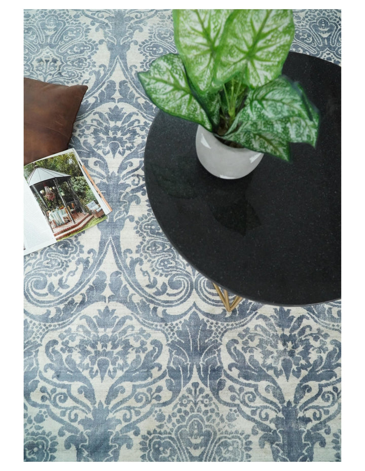 Handmade 8x10 Damask Ivory and Blue Blended Wool and Bamboo Silk Area Rug | QT13 - The Rug Decor