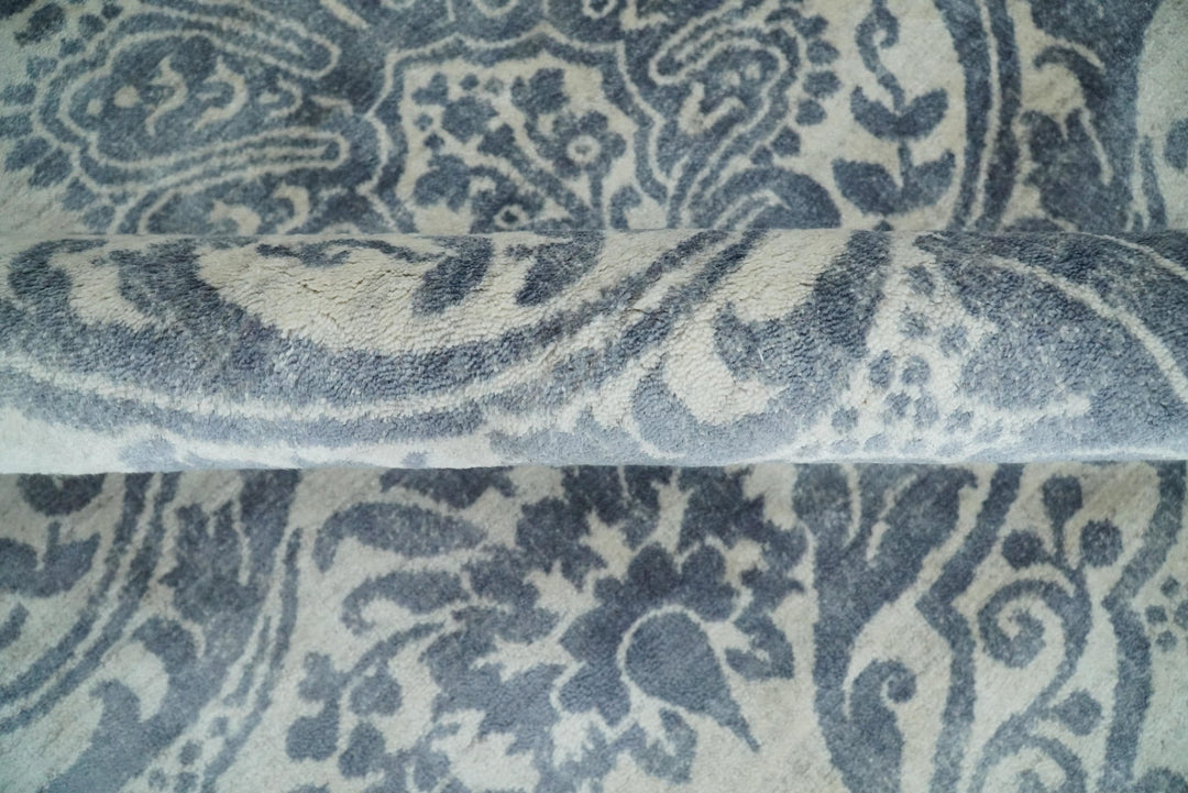 Handmade 8x10 Damask Ivory and Blue Blended Wool and Bamboo Silk Area Rug | QT13 - The Rug Decor