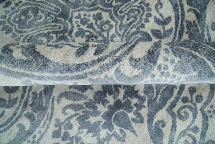 Handmade 8x10 Damask Ivory and Blue Blended Wool and Bamboo Silk Area Rug | QT13 - The Rug Decor