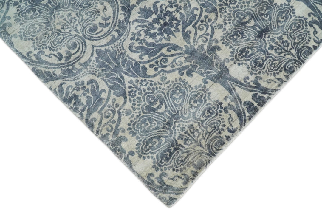 Handmade 8x10 Damask Ivory and Blue Blended Wool and Bamboo Silk Area Rug | QT13 - The Rug Decor