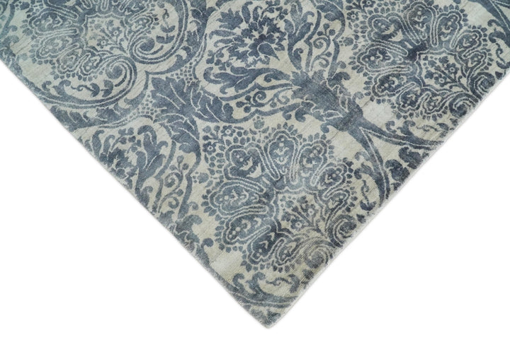 Handmade 8x10 Damask Ivory and Blue Blended Wool and Bamboo Silk Area Rug | QT13 - The Rug Decor