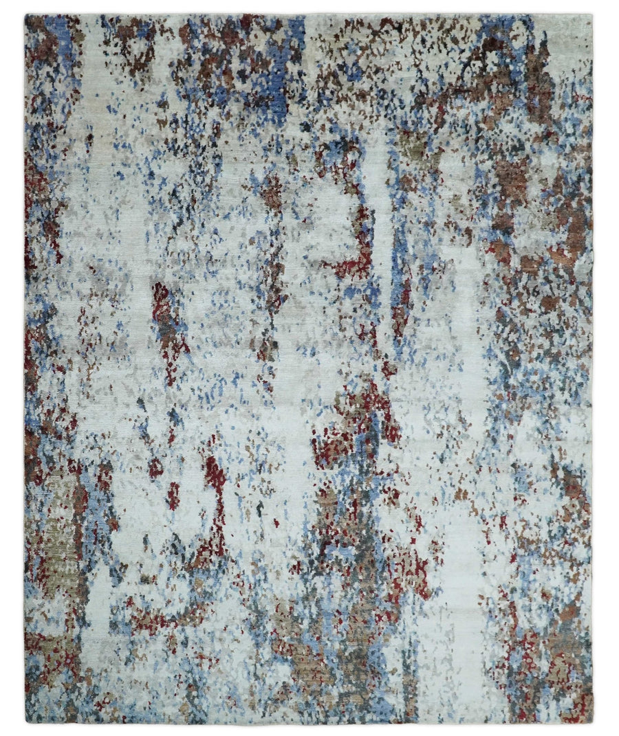 Handmade 8x10 Ivory, Blue and Red Abstract bamboo Silk Area Rug | TRDS2810 - The Rug Decor