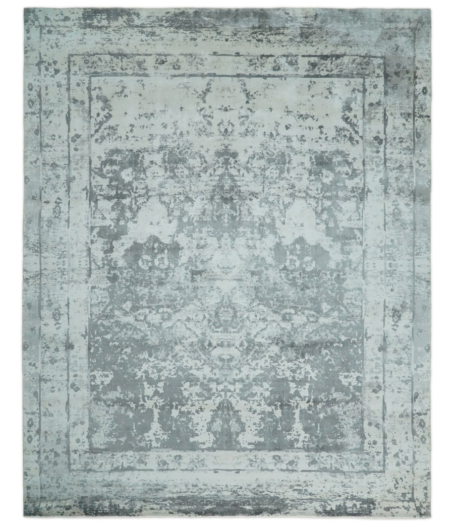 Handmade 8x10 Persian Abstract Ivory and Gray Blended Wool and Bamboo Silk Area Rug | QT16 - The Rug Decor