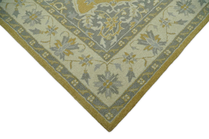 Handmade 8x10 Traditional Vintage Design Mustard and Silver Wool Area Rug | TRDCP127810 - The Rug Decor