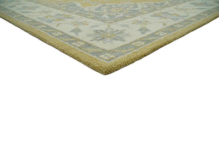 Handmade 8x10 Traditional Vintage Design Mustard and Silver Wool Area Rug | TRDCP127810 - The Rug Decor