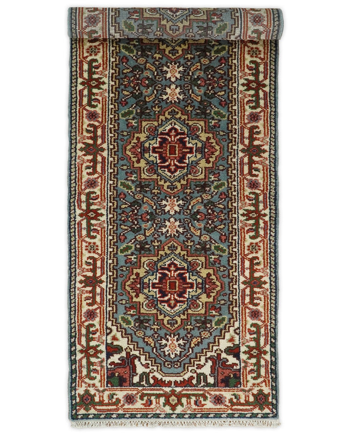 Handmade Blue and Ivory Heriz Serapi 8 Feet Runner made with wool | TRDCP41298 - The Rug Decor