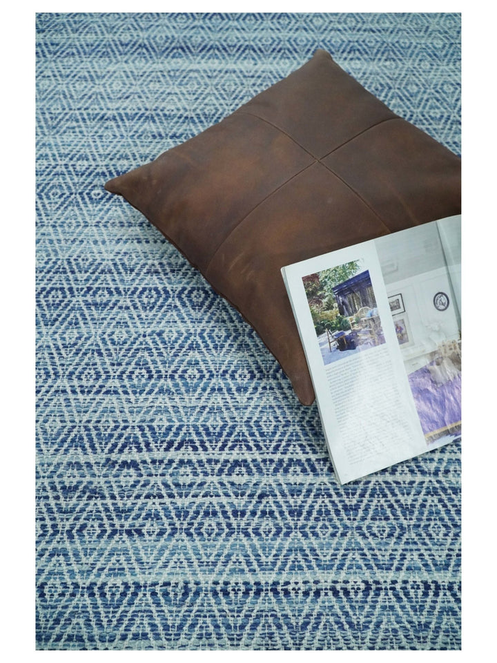 Handmade Boho 5x8 and 8x10 Ivory and Blue Wool Blend Dhurrie Rug | VIK3 - The Rug Decor