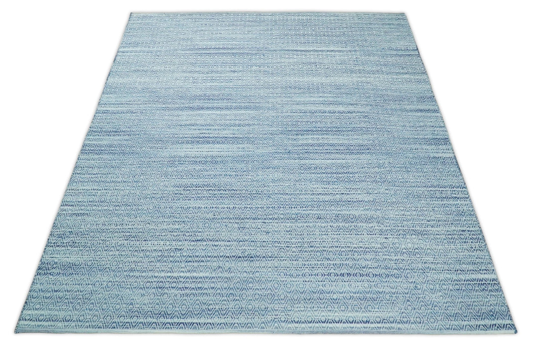Handmade Boho 5x8 and 8x10 Ivory and Blue Wool Blend Dhurrie Rug | VIK3 - The Rug Decor