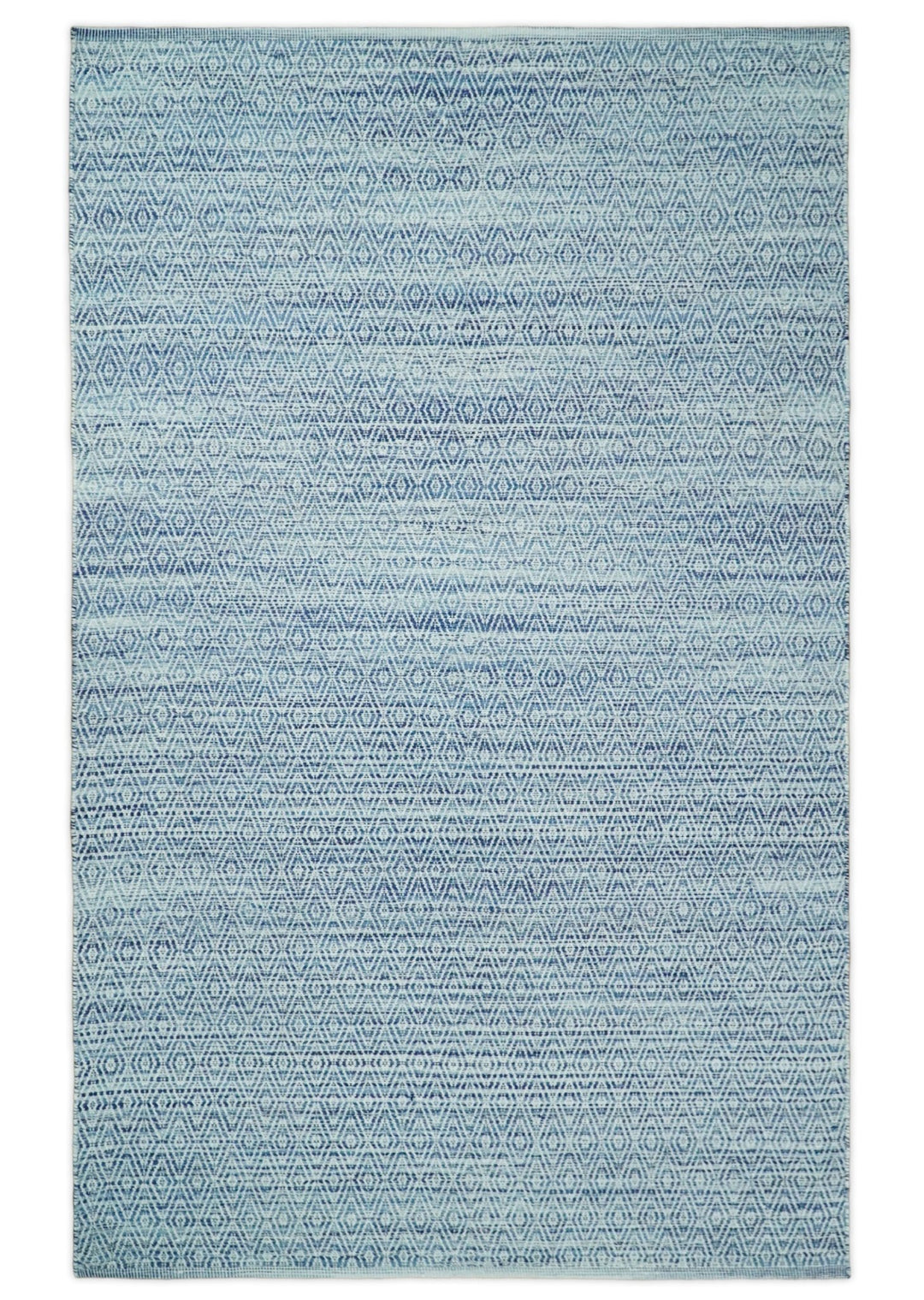 Handmade Boho 5x8 and 8x10 Ivory and Blue Wool Blend Dhurrie Rug | VIK3 - The Rug Decor