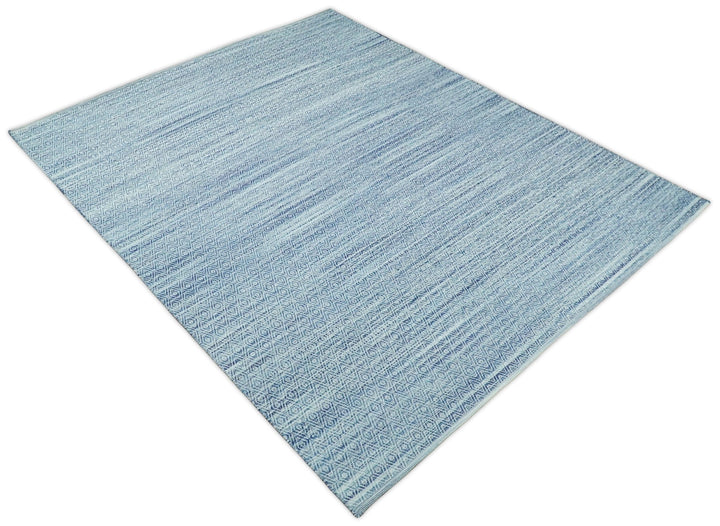 Handmade Boho 5x8 and 8x10 Ivory and Blue Wool Blend Dhurrie Rug | VIK3 - The Rug Decor