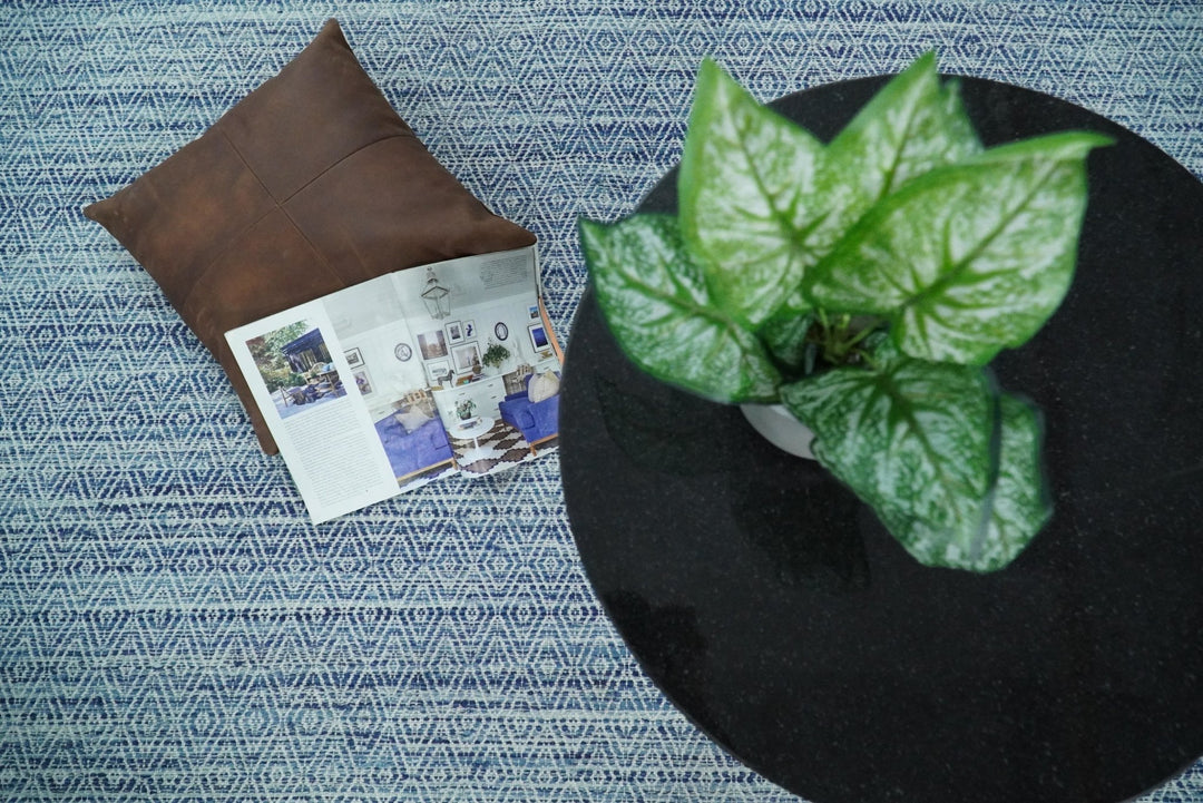 Handmade Boho 5x8 and 8x10 Ivory and Blue Wool Blend Dhurrie Rug | VIK3 - The Rug Decor