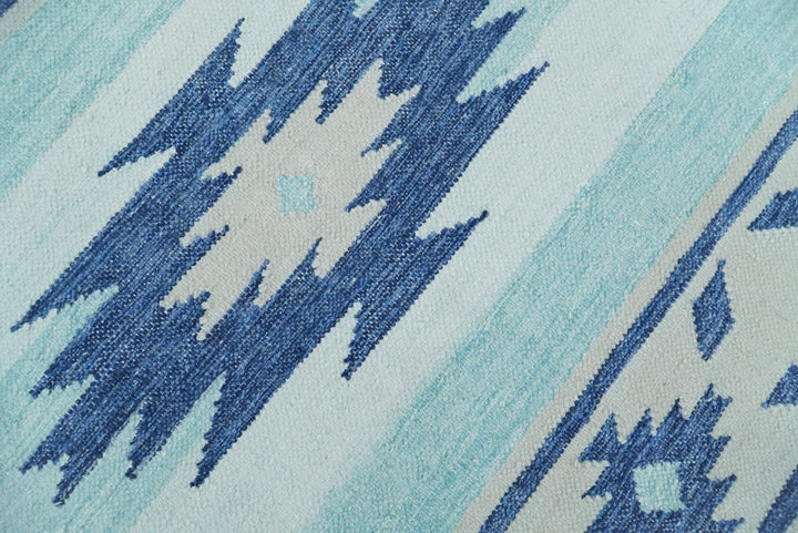 Handmade Boho 5x8 and 8x10 White and Blue Wool Blend Dhurrie Rug | VIK1 - The Rug Decor