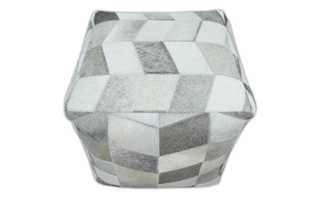Handmade Ivory and Gray Genuine Leather Pouf | Comfortable Chair or Footrest | TRD126 - The Rug Decor