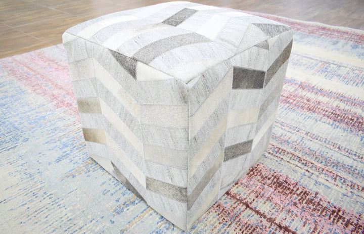 Handmade Leather & Viscose Pouf- Comfortable Chair or Footrest - Ivory Grey | TRD107 - The Rug Decor