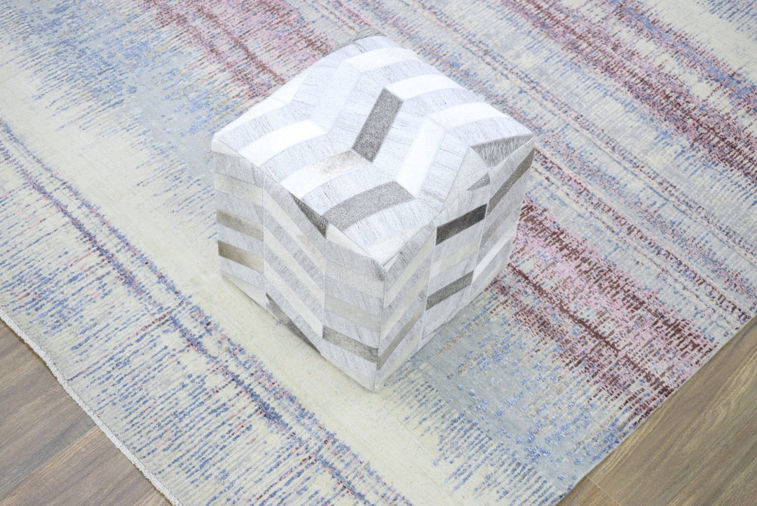 Handmade Leather & Viscose Pouf- Comfortable Chair or Footrest - Ivory Grey | TRD107 - The Rug Decor