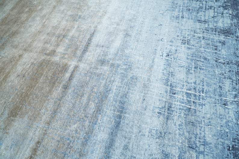 Handmade Modern Abstract Blue and Silver bamboo Silk 8x10 Area Rug I SK35810 - The Rug Decor