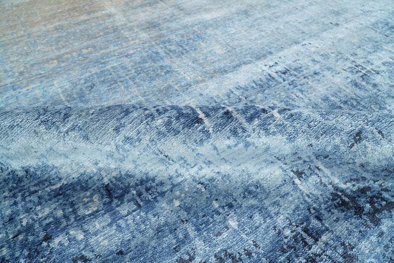 Handmade Modern Abstract Blue and Silver bamboo Silk 8x10 Area Rug I SK35810 - The Rug Decor
