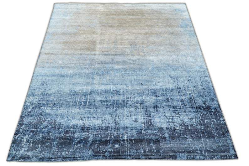 Handmade Modern Abstract Blue and Silver bamboo Silk 8x10 Area Rug I SK35810 - The Rug Decor