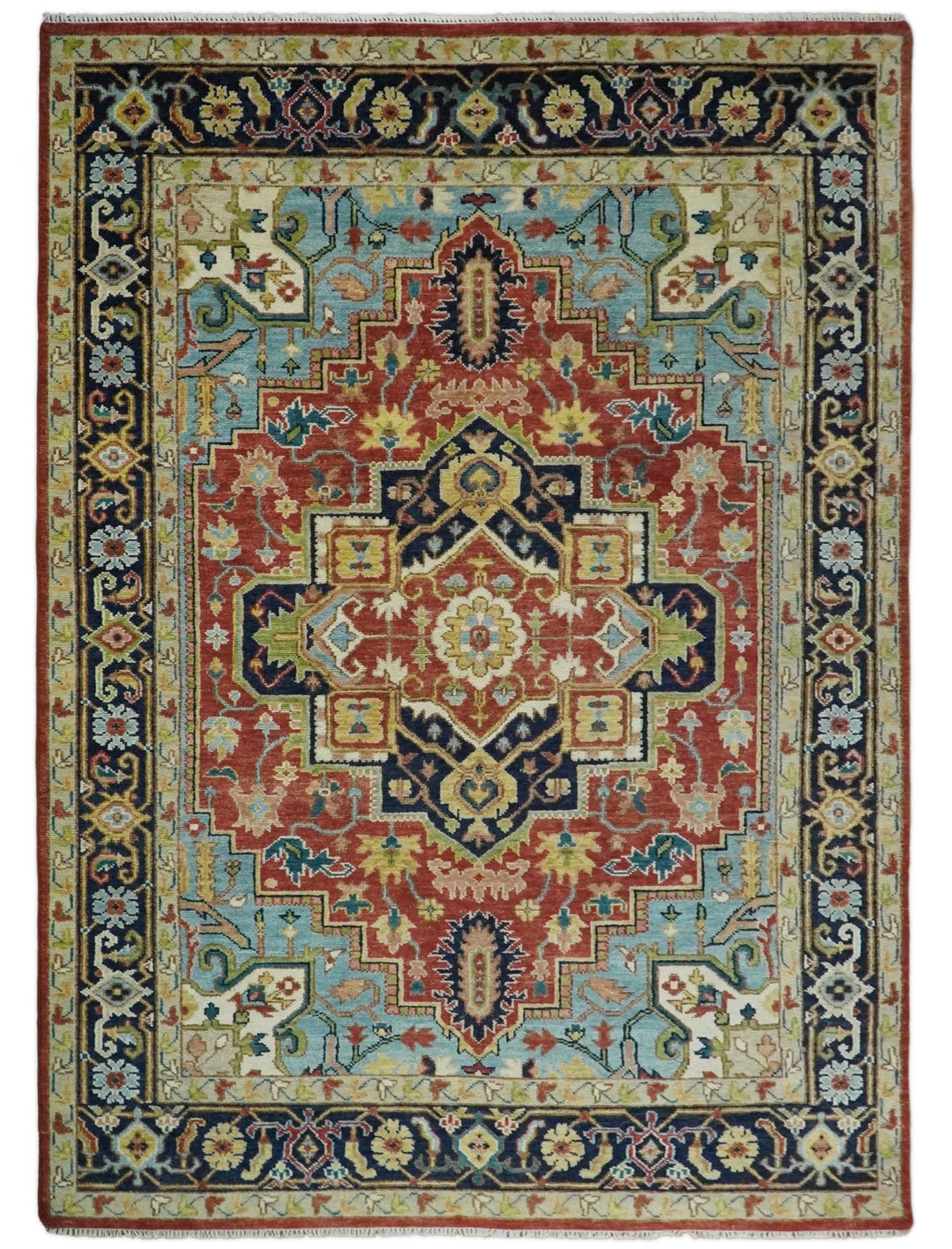Handmade Rust and Blue Traditional Vintage Heriz Serapi Rug | TRDCP114 - The Rug Decor