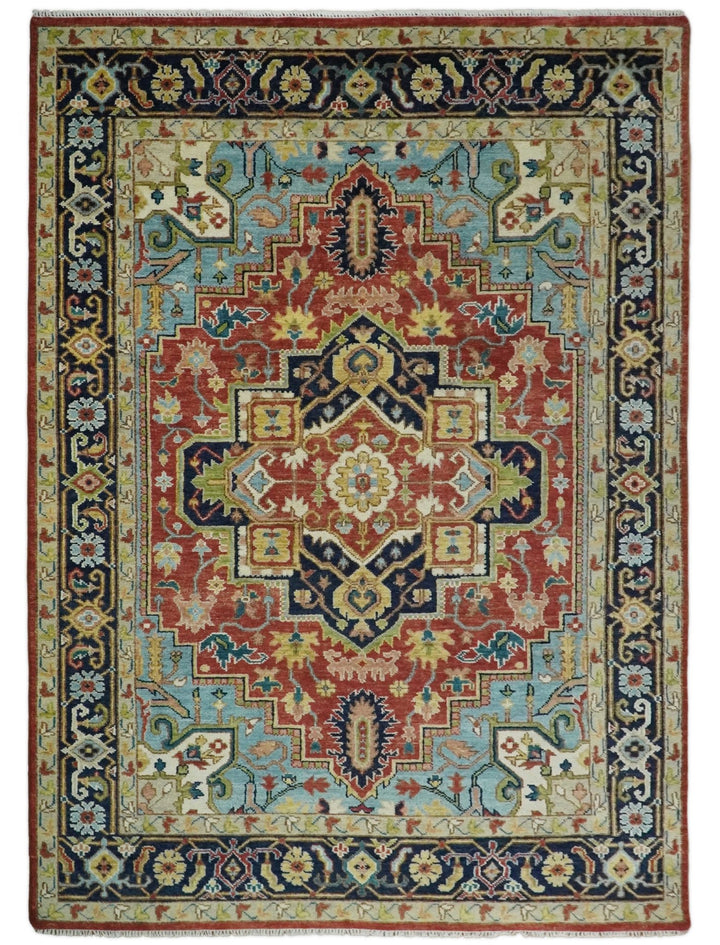 Handmade Rust and Blue Traditional Vintage Heriz Serapi Rug | TRDCP114 - The Rug Decor