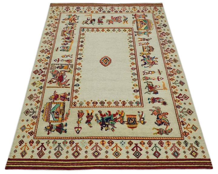 Ivory and Beige Indian Wedding, Hand Spun Wool Hand Knotted Southwestern Gabbeh Rug | KNT42 - The Rug Decor