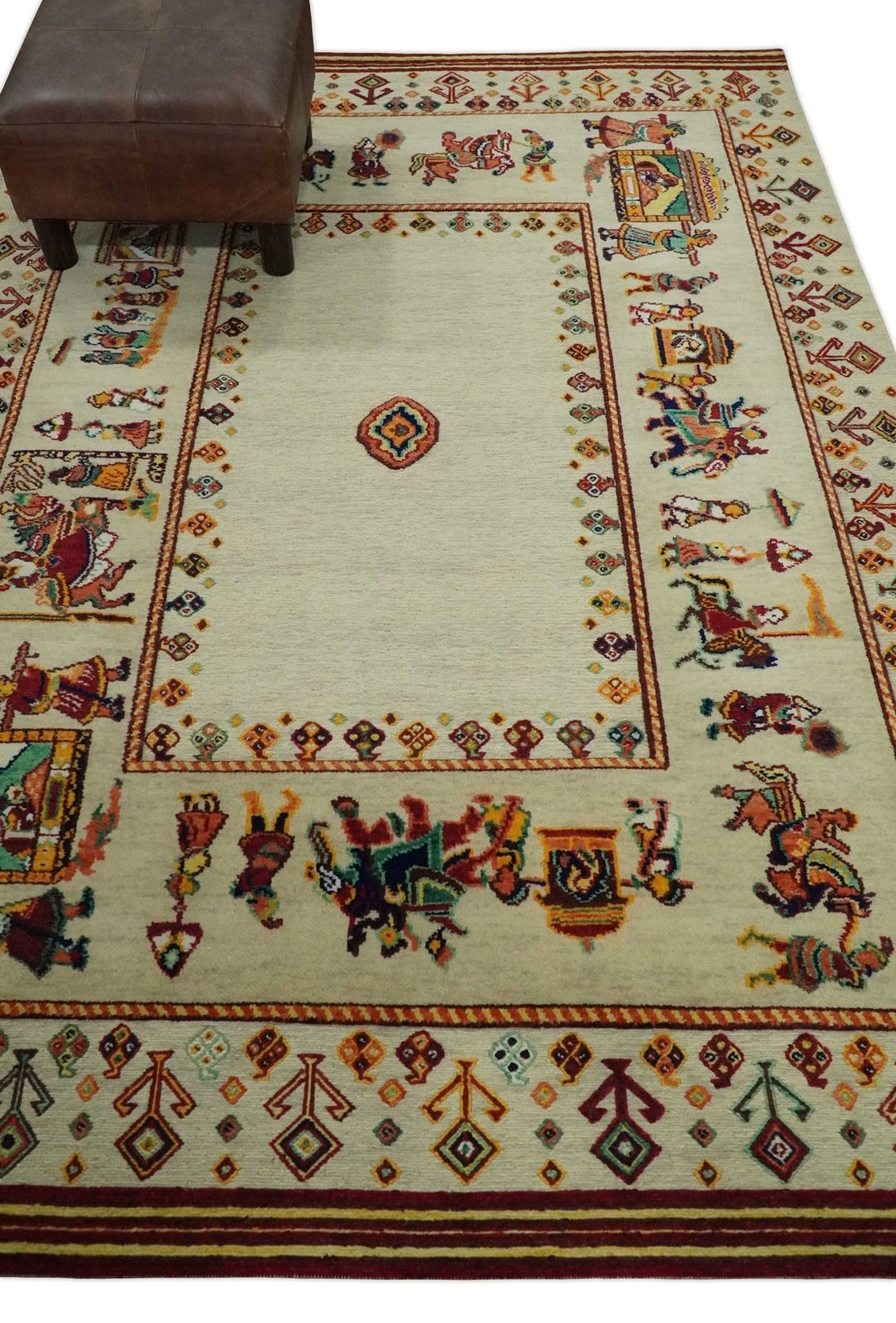 Ivory and Beige Indian Wedding, Hand Spun Wool Hand Knotted Southwestern Gabbeh Rug | KNT42 - The Rug Decor
