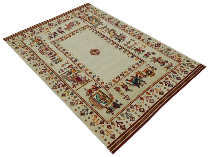 Ivory and Beige Indian Wedding, Hand Spun Wool Hand Knotted Southwestern Gabbeh Rug | KNT42 - The Rug Decor