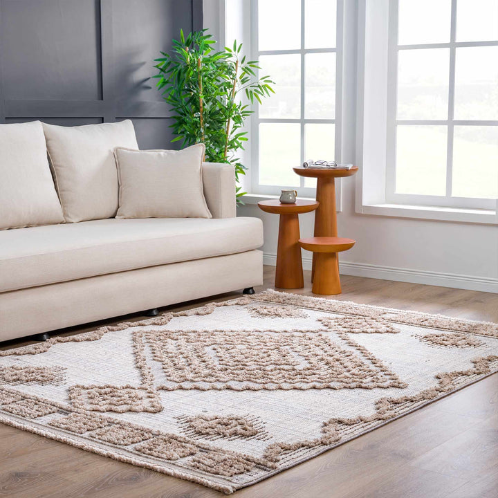 Ivory and Brown Cable Knit design Geometrical Carved Texture Area Rug - The Rug Decor
