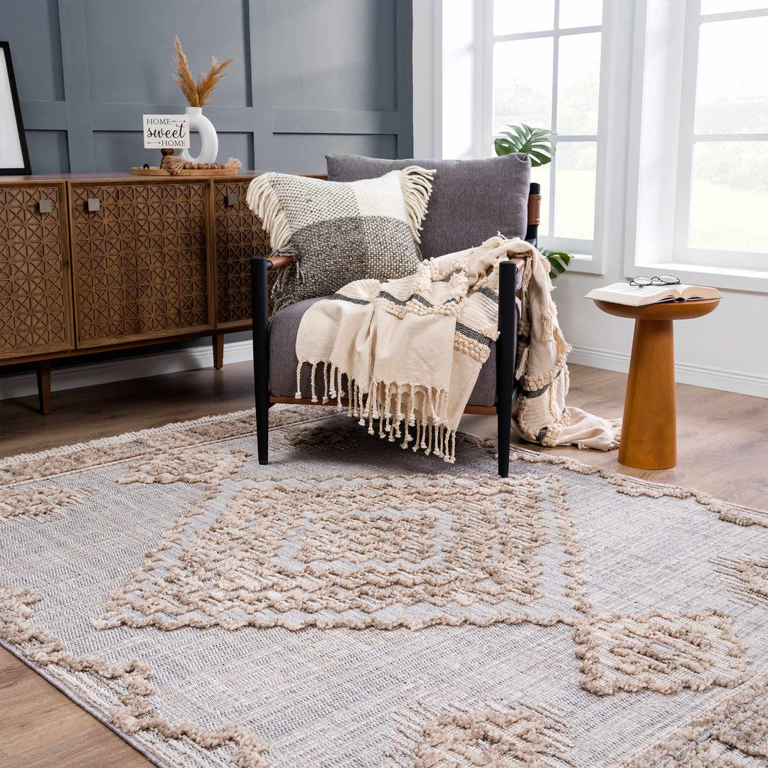 Ivory and Brown Cable Knit design Geometrical Carved Texture Area Rug - The Rug Decor