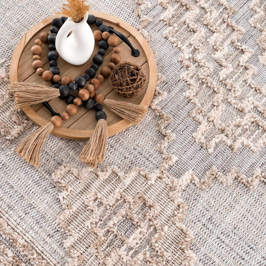 Ivory and Brown Cable Knit design Geometrical Carved Texture Area Rug - The Rug Decor