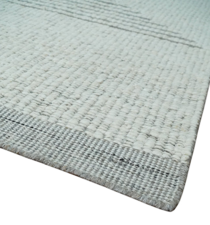 Ivory and Charcoal Traditional Stripes Hand Knotted 8x10 Wool Area Rug - The Rug Decor