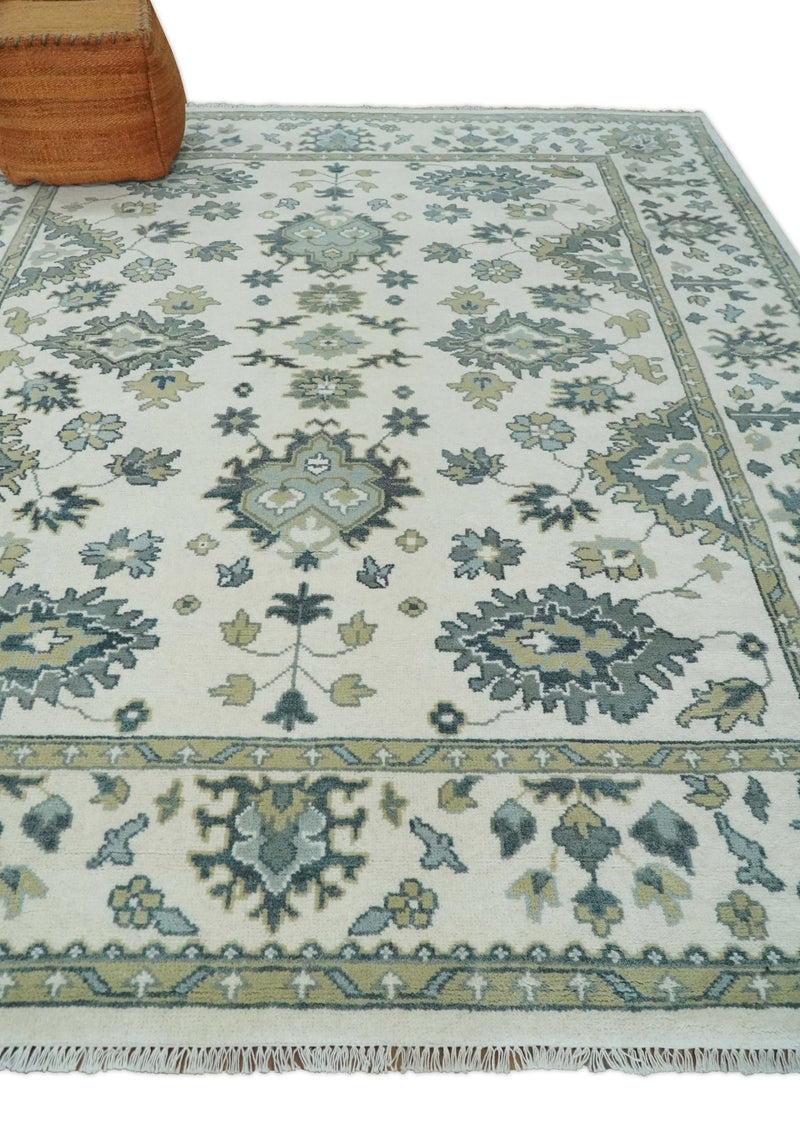Ivory and Gray Floral Oushak Hand Knotted 8x10 Persian Wool Area Rug | TRDCP1204810 - The Rug Decor