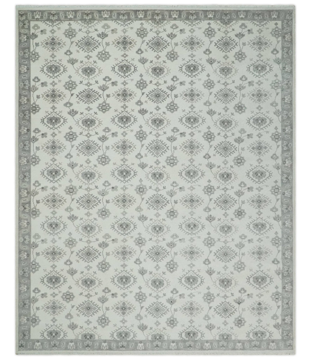 Ivory and Gray Persian 6x9, 8x10 and 9x12 Hand Knotted Traditional Antique Textured Low Pile Wool Rug | TRD54758 - The Rug Decor