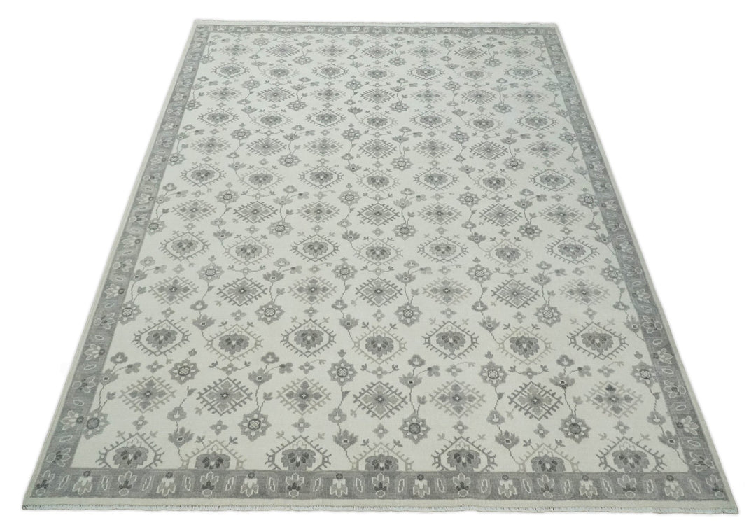 Ivory and Gray Persian 6x9, 8x10 and 9x12 Hand Knotted Traditional Antique Textured Low Pile Wool Rug | TRD54758 - The Rug Decor