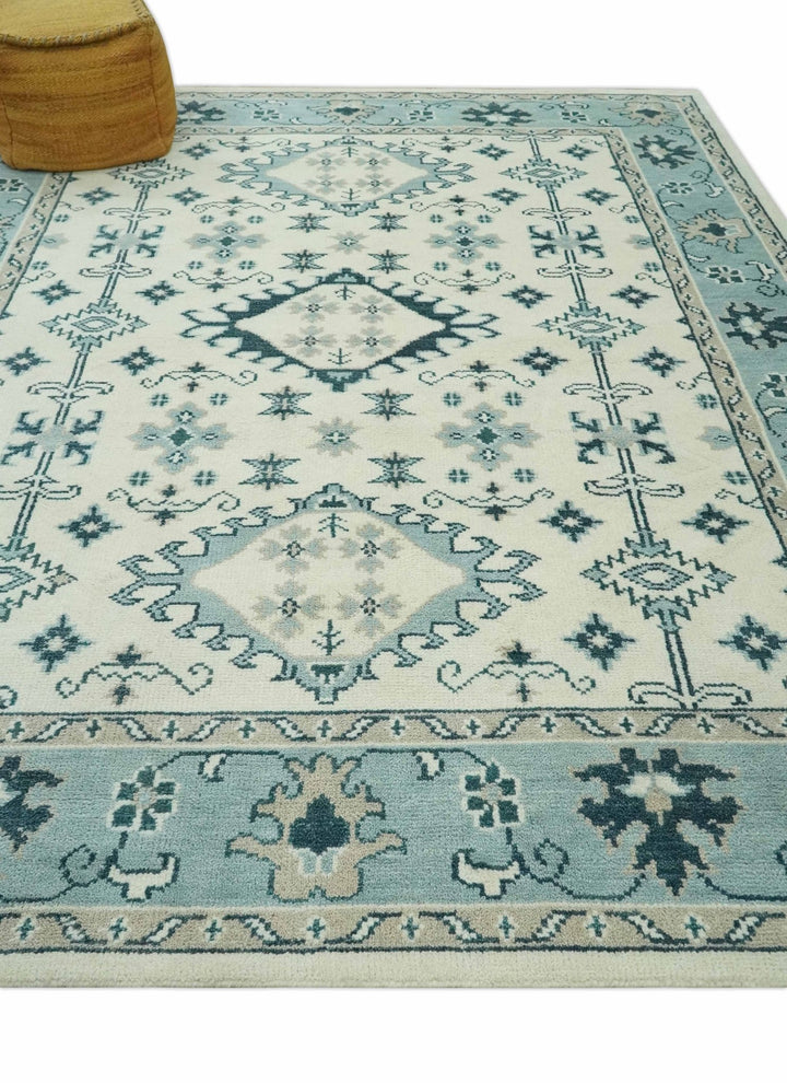 Ivory and Light Blue Traditional Oriental Hand Knotted Custom Made wool area Rug - The Rug Decor