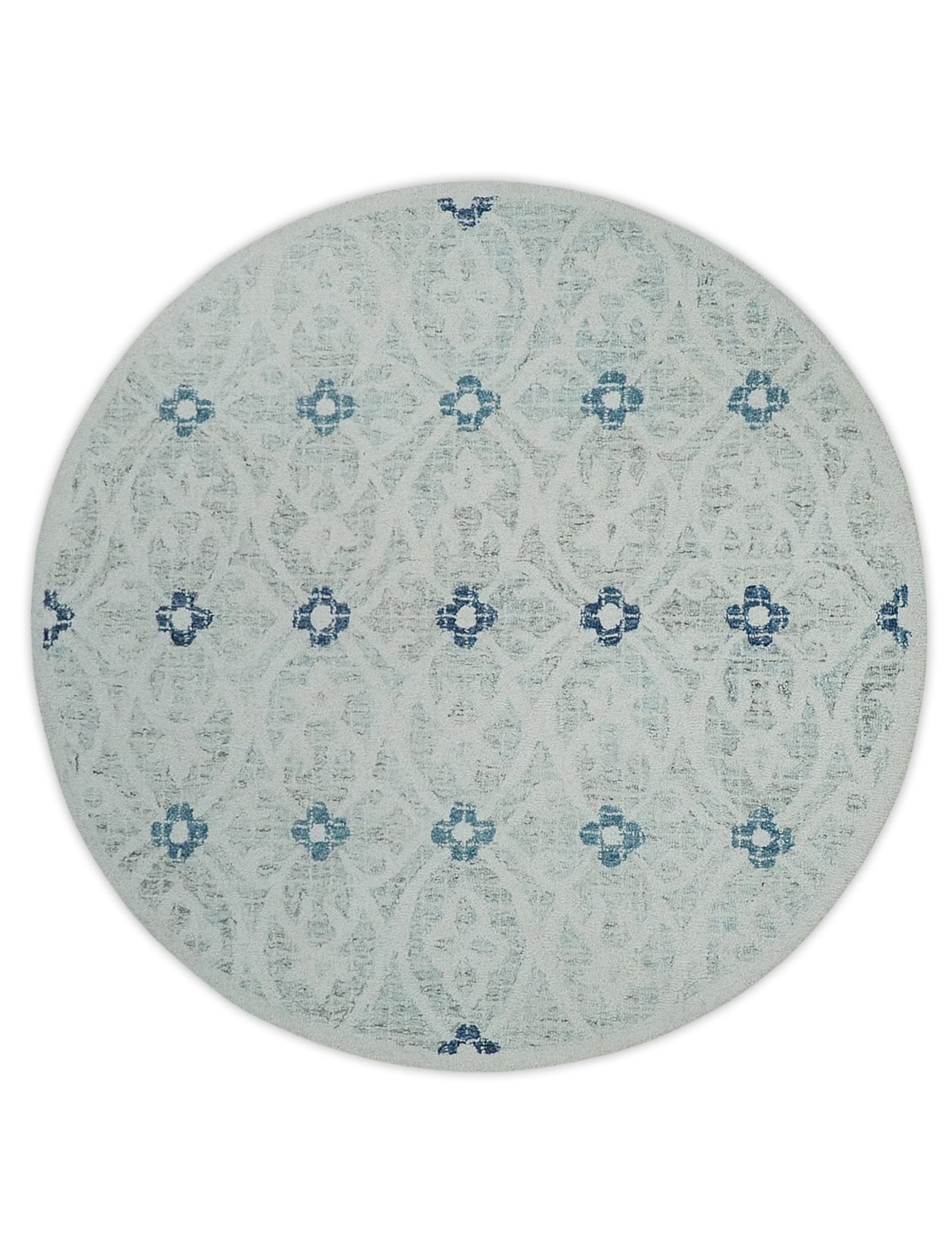 Ivory, Aqua and Blue Traditional Floral Round Hand Tufted