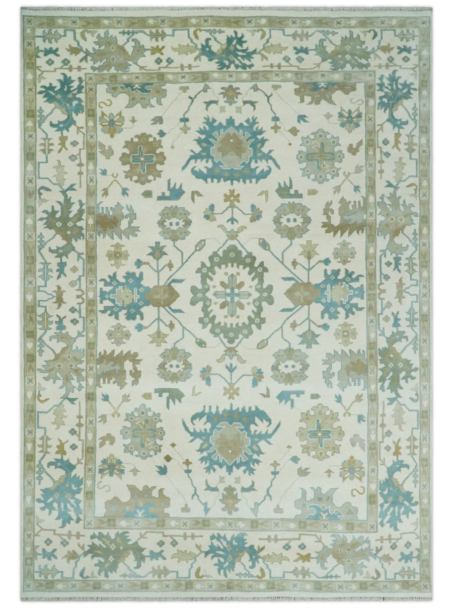 Ivory, Beige and Teal Hand Knotted Antique 9x13 Traditional Oushak Wool Rug - The Rug Decor